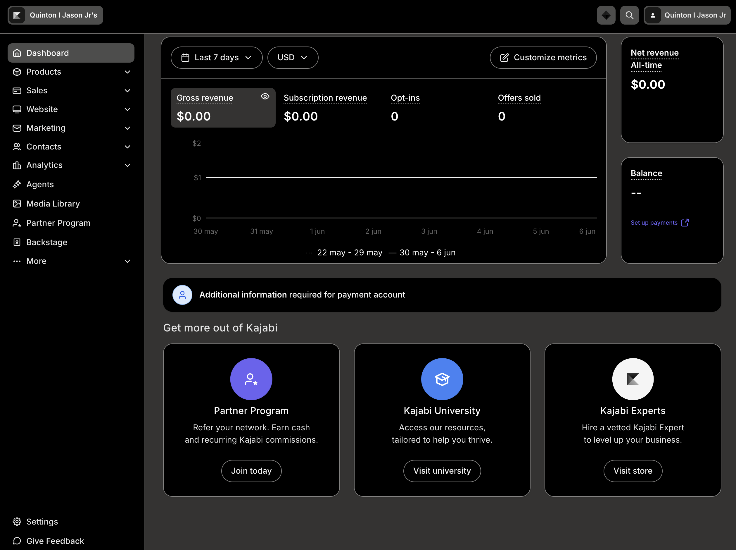 Kajabi Admin dashboard in dark mode with the same navigation, analytics cards, and promotional cards.