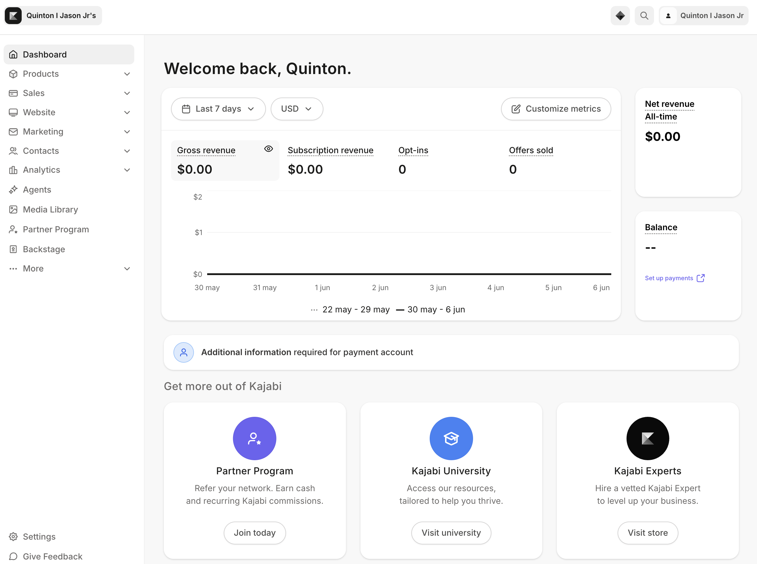Kajabi Admin dashboard in light mode with navigation, analytics cards, and promotional cards.
