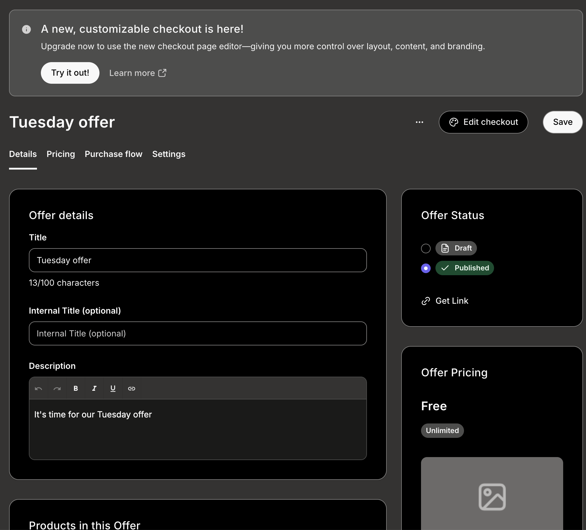 Kajabi offer details page in dark mode showing forms, status cards, and TinyMCE editor.
