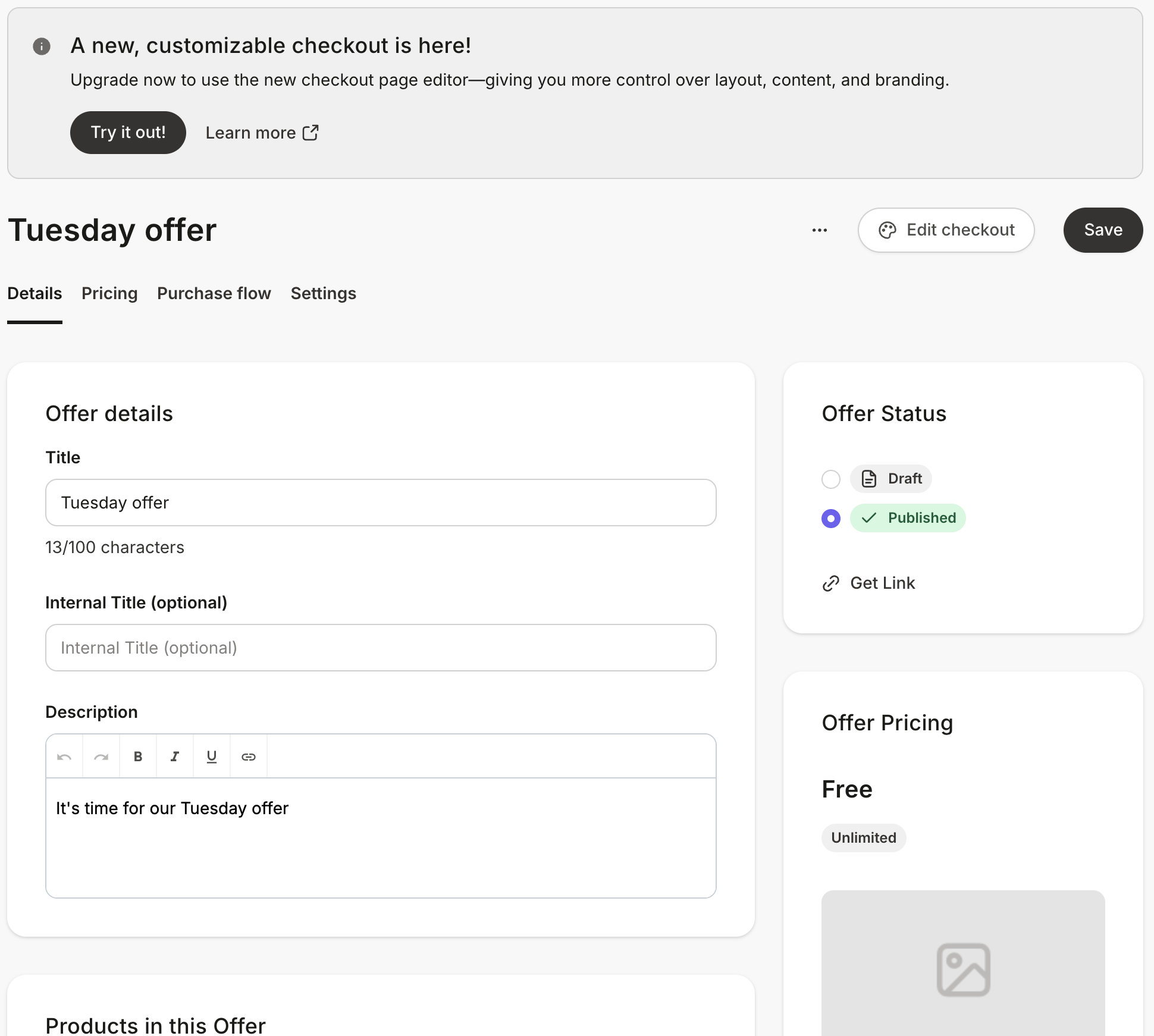 Kajabi offer details page in light mode showing forms, status cards, and TinyMCE editor.