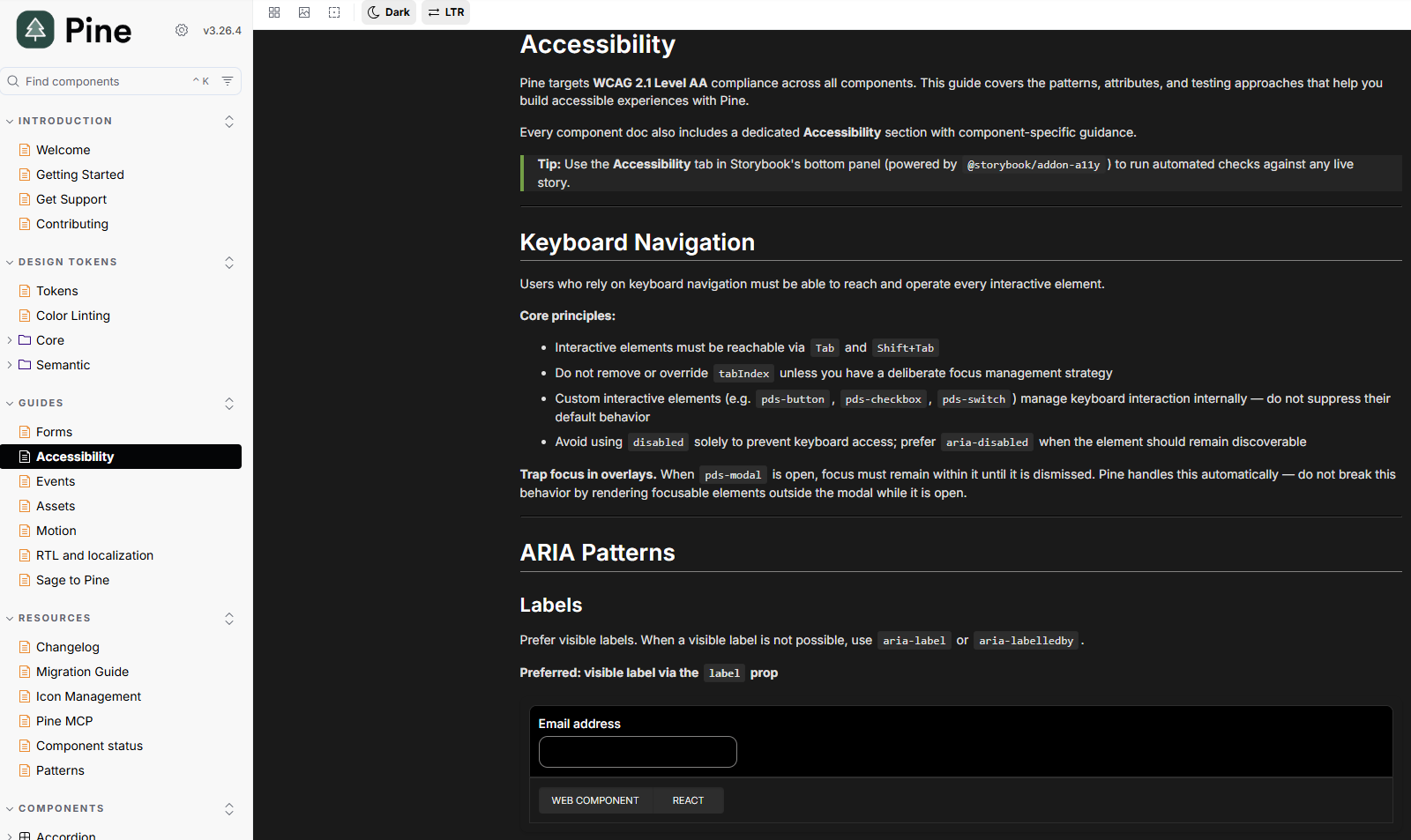 Pine accessibility guide in dark mode showing the same keyboard navigation and ARIA guidance in a dark theme.