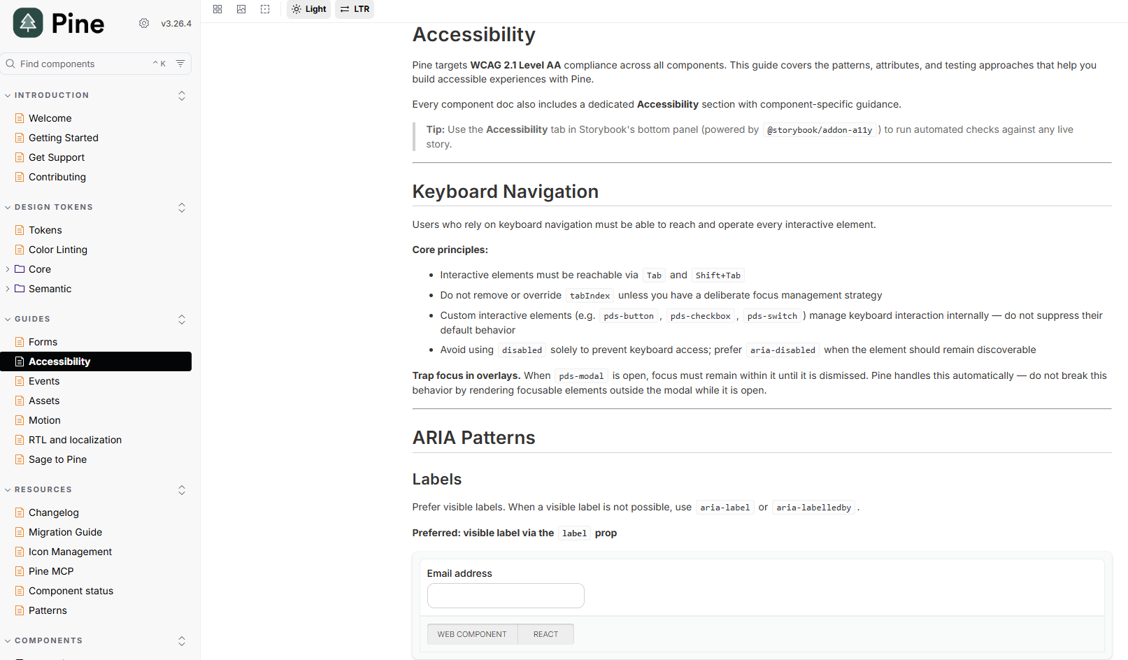 Pine accessibility guide in light mode showing WCAG Level AA guidance, keyboard navigation principles, and ARIA patterns.