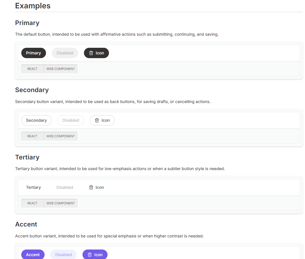 Pine button documentation showing primary, secondary, tertiary, and accent button examples with React and web component tabs.