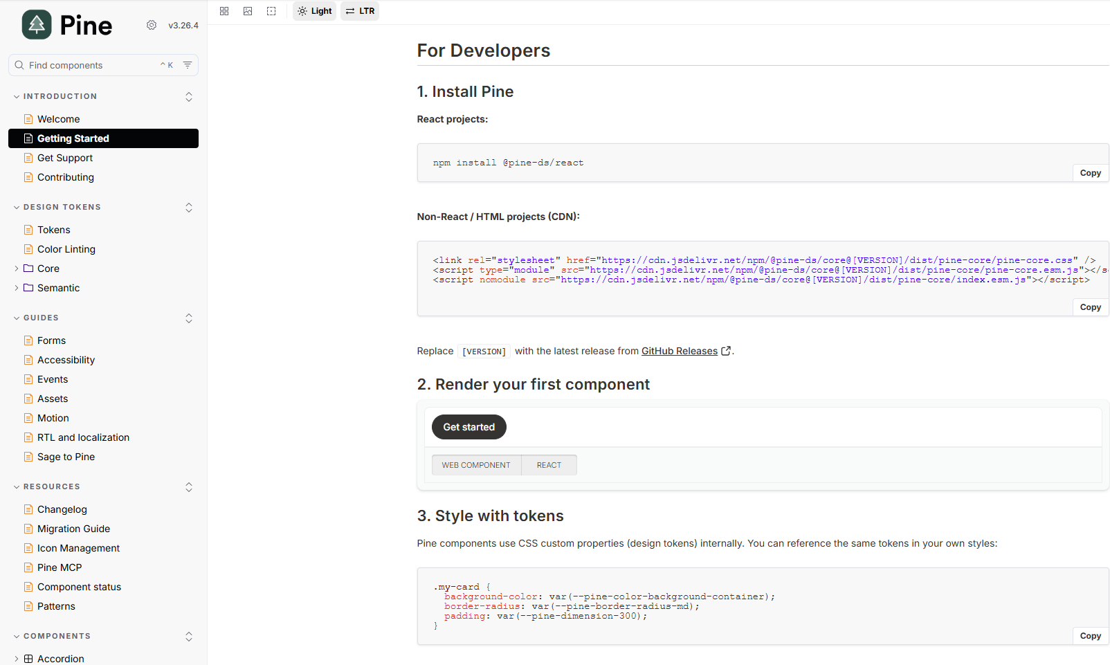 Pine documentation getting started page showing install guidance, first component rendering, and token usage.