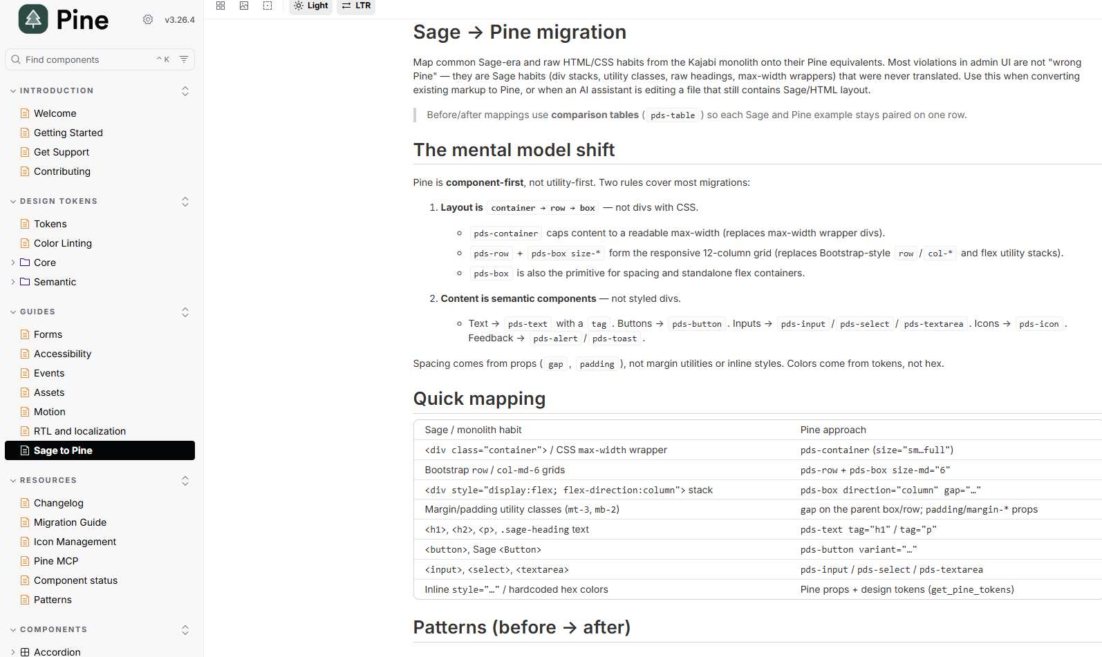 Pine Sage to Pine migration documentation showing migration guidance and mapping tables.