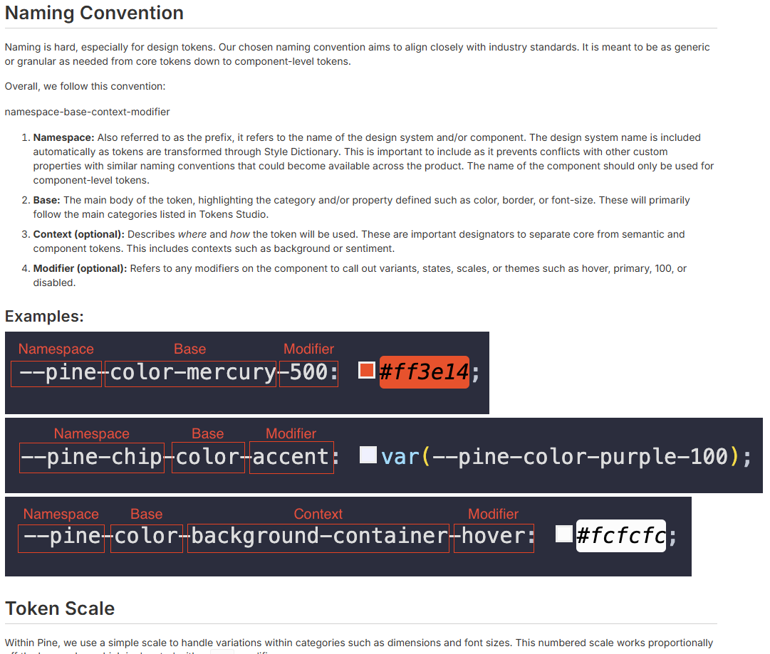Pine token naming convention documentation showing namespace, base, context, and modifier examples.