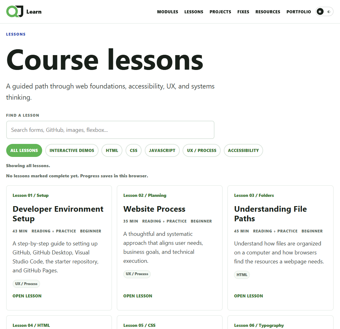 Learn.QuintonJason.com lessons page showing course lesson search, filters, and lesson cards.